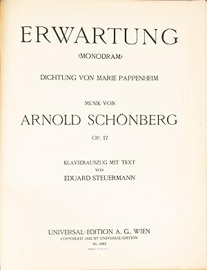 Bild des Verkufers fr [Op. 17]. Erwartung [Piano-vocal score] (Monodram) Dichtung von Marie Pappenheim. Klavierauszug mit Text von Eduard Steuermann. zum Verkauf von J & J LUBRANO MUSIC ANTIQUARIANS LLC