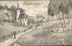 Ansichtskarte / Postkarte Glückwunsch Ostern, Frühlingslandschaft mit Kirche, Junge, Schafe