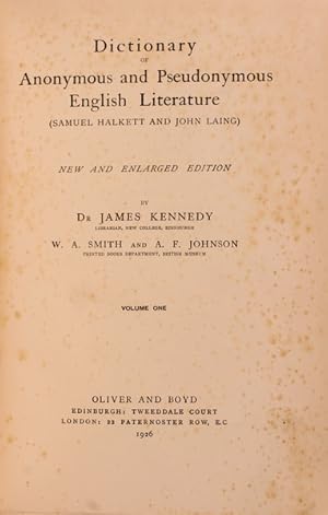 Image du vendeur pour DICTIONARY OF ANONYMOUS AND PSEUDONYMOUS ENGLISH LITERATURE mis en vente par Livraria Castro e Silva