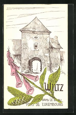 Künstler-Ansichtskarte Wiltz, Ansicht vom Stadttor, Blume mit rosa Blüten