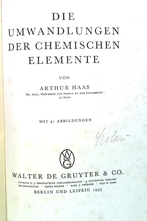 Bild des Verkufers fr Die Umwandlungen der chemischen Elemente. zum Verkauf von books4less (Versandantiquariat Petra Gros GmbH & Co. KG)