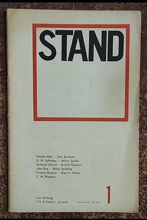 Bild des Verkufers fr Stand Volume 4 No. 1 / Dannie Abse "The Water Diviner (poetry)" / Dan Jacobson "Why Read Novels?" / D W Jefferson. Arthur Jacobs. Richard Church "From Africa (poetry)" / Rudolf Nassauer. John Rex "Location Superintendent" / Helen Spalding "The carnival will take place (poetry)" / Vernon Williams. Ross D Waller. T W Harrison. zum Verkauf von Shore Books