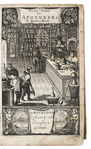 Seller image for Pharmacia Galenica & chymica, dat is: apotheker ende alchymiste ofte distilleer-konste. Begrijpende de beginselen ende fondamenten der selver. [Additional title and imprint on the frontispiece:] Nieu licht der apothekers en distilleerkonst. . t Amsteldam by Joannes van Ravesteyn op  t Water.Amsterdam, Johannes van Ravesteyn, 1657. 8vo. With an engraved frontispiece showing the interior of an apothecary s shop, Van Ravesteyn s woodcut device on title-page (Elijah and the ravens); 3 half-page woodcut illustrations of distilling equipment (pp. 339, 343 and 387); woodcut decorated initials and tailpieces. Contemporary overlapping vellum over boards. for sale by ASHER Rare Books