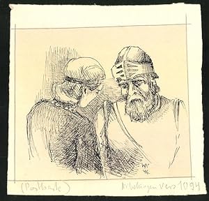 Handzeichnung / Ansichtskarten-Entwurf Szene aus den Nibelungen, Vers 1094