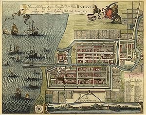 Bild des Verkufers fr Gesamtansicht aus der Vogelschau ('Waere affbeeldinge Wegens het Casteel en de Stadt Batavia gelegen oopt groot Eylant Java Anno 1681'). zum Verkauf von Antiquariat Norbert Haas