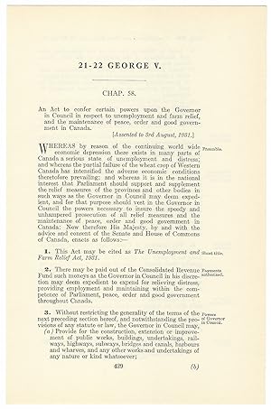UNEMPLOYMENT AND FARM RELIEF ACT (1931). An Act to confer certain powers upon the Governor in Cou...