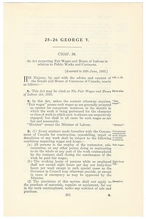 FAIR WAGES AND HOURS OF LABOUR ACT (1935). An Act respecting Fair Wages and Hours of Labour in re...