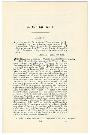 MINIMUM WAGES ACT (1935). An Act to provide for Minimum Wages pursuant to the Convention concerni...