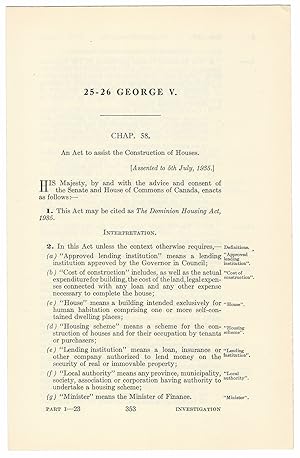 DOMINION HOUSING ACT (1935). An Act to assist the Construction of Houses.
