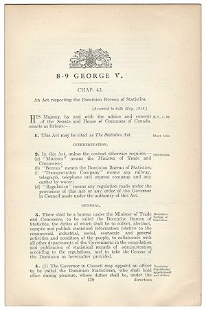 STATISTICS ACT (1918). An Act respecting the Dominion Bureau of Statistics.