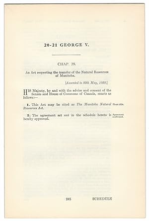 MANITOBA NATURAL RESOURCES ACT (1930). An Act respecting the transfer of the Natural Resources of...