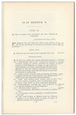 COPYRIGHT ACT (1921). An Act to amend and consolidate the Law relating to Copyright.