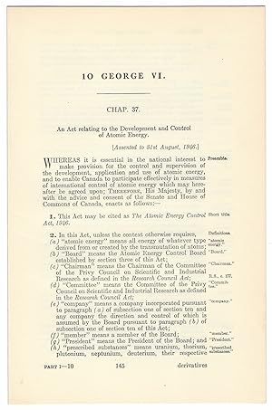 ATOMIC ENERGY CONTROL ACT (1946). An Act relating to the Development and Control of Atomic Energy.