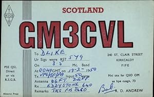 QSL Karte Kirkcaldy Schottland, R D Andrew, GM3CVL to DL1KE, Amateurfunk