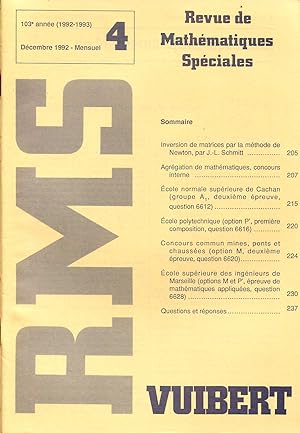 Bild des Verkufers fr Revue de mathmatiques spciales, RMS, 103e anne (1992-1993), N 4, dcembre 1992 zum Verkauf von Sylvain Par