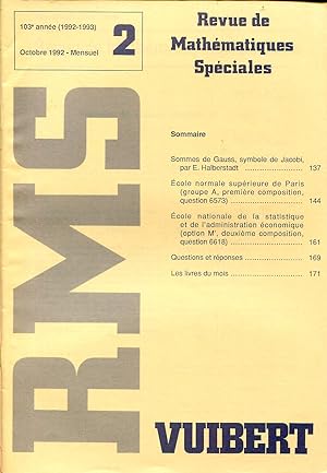 Bild des Verkufers fr Revue de mathmatiques spciales, RMS, 103e anne (1992-1993), N 2, octobre 1992 zum Verkauf von Sylvain Par
