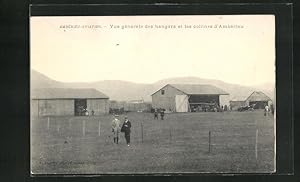 Carte postale Amberieu-Avation, Vue generale des hangars et les collines d`Amberieu