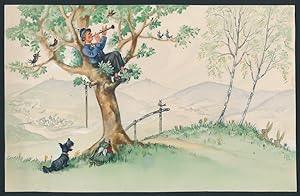 Handzeichnung / Ansichtskarten-Entwurf Hans Boettcher Nr. 144, Wanderer spielt Flöte im Baum, Hun...