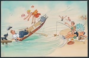 Handzeichnung / Ansichtskarten-Entwurf Hans Boettcher Nr. 397, Mann springt in Ruderboot und kata...