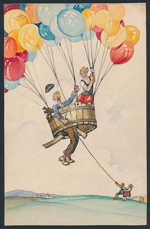 Handzeichnung / Ansichtskarten-Entwurf Hans Boettcher Nr. 289, Paar mit Hund steigt im Ballon-Eig...
