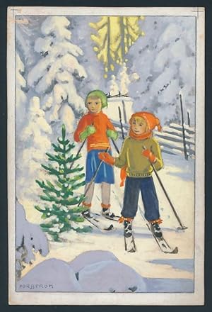 Handzeichnung / Ansichtskarten-Entwurf Gunnar Forsström, Kinder auf Ski haben potentiellen Weihna...