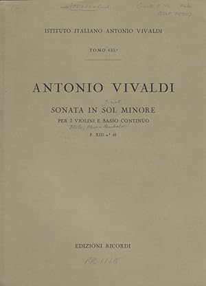 Image du vendeur pour Sonata in SOL Minore per 2 Violini e Basso Continuo Tomo 435 Istituto Italiano Antonio Vivaldi mis en vente par Versandantiquariat Nussbaum
