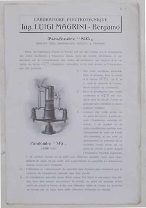 Parafoudre "SIG" Brevet des Ingeniurs Pizzuti & Ferrari. Laboratoire Electrotechnique Ing. Luigi ...