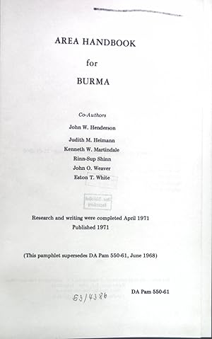 Image du vendeur pour Area Handbook for Burma. mis en vente par books4less (Versandantiquariat Petra Gros GmbH & Co. KG)