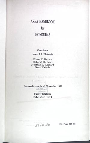 Bild des Verk�ufers f�r Area Handbook for Honduras. zum Verkauf von books4less (Versandantiquariat Petra Gros GmbH & Co. KG)