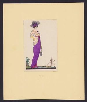 Handzeichnung / Ansichtskarten-Entwurf E. Grimmer, 1925 Mode von Heute, elegante Dame mit Hut und...