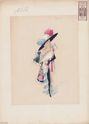 Handzeichnung / Ansichtskarten-Entwurf Wien Theater-Kostüm, Dekorations-Atelier, Dame mit Hut trä...