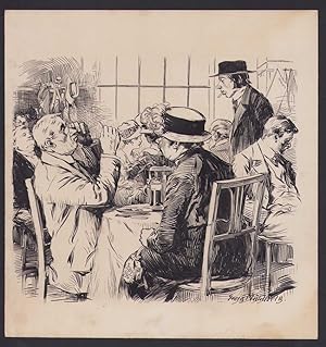 Handzeichnung / Ansichtskarten-Entwurf Georg Mühlberg, Szene in einem Restaurant, Gast beäugt Rec...
