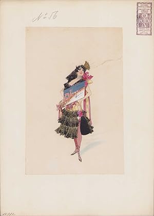 Handzeichnung / Ansichtskarten-Entwurf Wien Theater-Kostüm, Dekorations-Atelier, Dame aus Spanien...