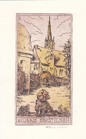 Bild des Verkufers fr Exlibris Ernst Ilgen. Dackel vor Husern und Kirche. zum Verkauf von Antiquariat  Braun