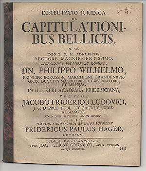 Seller image for Juristische Dissertation. De capitulationibus bellicis. for sale by Wissenschaftliches Antiquariat Kln Dr. Sebastian Peters UG