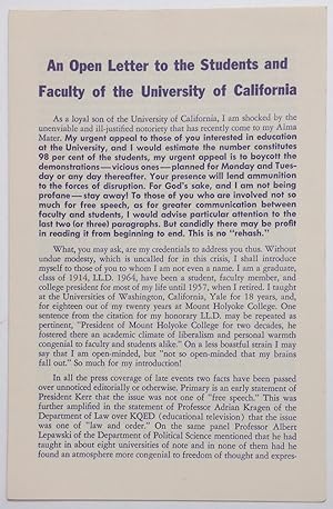 Immagine del venditore per An open letter to the students and faculty of the University of California venduto da Bolerium Books Inc.