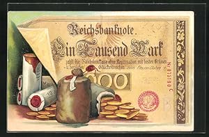 Präge-Ansichtskarte Geldmünzen und eine Reichsbanknote Ein Tausend Mark