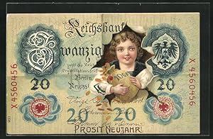 Präge-Ansichtskarte Mädchen mit Geldsack schaut durch eine Reichsbanknote Zwanzig Mark