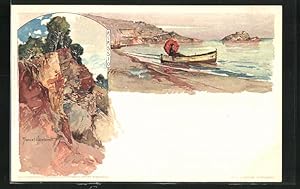 Artista-Cartolina Manuel Wielandt: Alassio, Felsenküste, Boot am Ufer