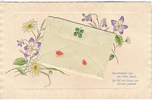 Relief Ansichtskarte / Postkarte Blumen, Briefumschlag, Kleeblatt, Käfer