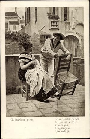 Künstler Ansichtskarte / Postkarte Barison, G., Plauderstündchen, Seemann und nähende Frau, itali...