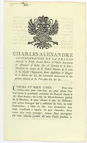 CHARLES ALEXANDRE ADMINISTRATEUR DE LA GRANDE Maîtrise en Prusse, Grand Maître de l'Ordre Teutoni...