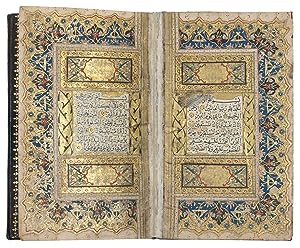 Seller image for [A splendid illuminated Quran manuscript].Iran, AH 1204 [= 1783 AD]. 8vo (15 x 9 cm) Illuminated Arabic manuscript on paper, 19 lines per page, written in a neat naskh script in black ink with diacritics in red, margins ruled in gold and colours. Gold discs or florets between verses, sura headings written in white in gold cartouches flanked by panels with alternating floral motifs in gold and various colours. Brown morocco with a flap and gold-tooled borders and central ornaments. for sale by Antiquariaat FORUM BV