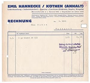 Rechnung Emil Hannecke, Lederhandlung Tapeten Linoleum, Köthen (Anhalt), 1938