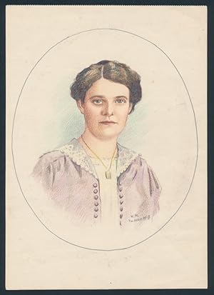 Handzeichnung Portrait Brünette Dame mit Halskette, Anhänger, Initialen W.M. im Felde 1918