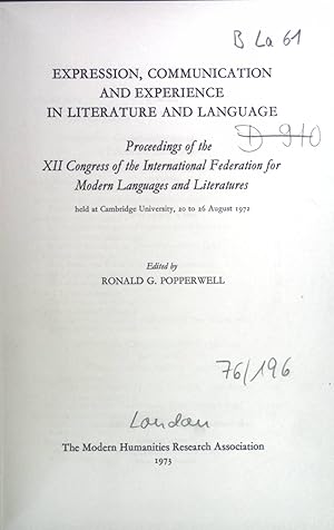 Seller image for Expression, Communication and Experience in Literature and Language for sale by books4less (Versandantiquariat Petra Gros GmbH & Co. KG)