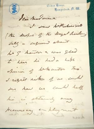 William Charles Thomas Dobson. 1817-1898. Autographed hand letter Original.