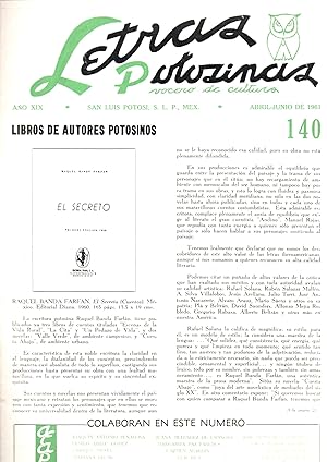 Image du vendeur pour Letras potosinas,vocero de cultura.Publicacion trimestral.N140 mis en vente par JP Livres