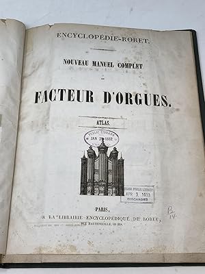 Bild des Verkufers fr NOUVEAU MANUEL COMPLET DU FACTEUR D'ORGUES: ATLAS zum Verkauf von Aardvark Rare Books, ABAA