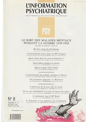 Seller image for L'Information Psychiatrique - Revue mensuelle des Psychiatres des Hpitaux - N 8 - Volume 72 - Octobre 1996 - Le sort des malades mentaux pendant la guerre 1939-1945. for sale by PRISCA